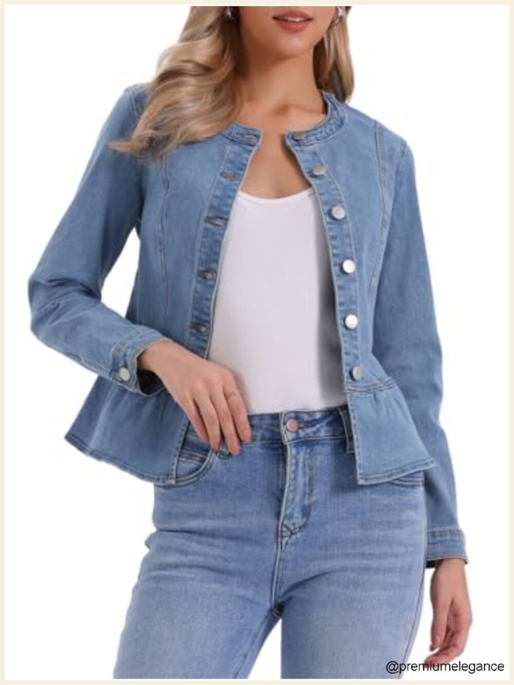 Collarless Peplum Denim Jacket - Button Down, Long Sleeve, Stretchy Fabric
